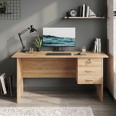 Karnak Denard Modern Office Desk   Wooden Study Table Workstation with Storage Drawers (Sonoma Oak)