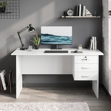 Karnak Denard Modern Office Desk   Wooden Study Table Workstation with Storage Drawers (White)