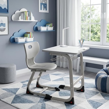 Karnak Lollie Kids Study Desk with Chair Ergonomic Homework Table Set with Storage Basket Durable Children Study Furniture for Boys &amp; Girls (Grey)