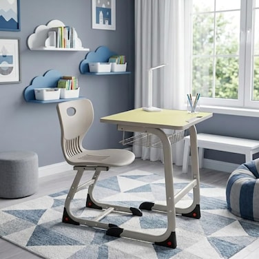 Karnak Lollie Kids Study Desk with Chair Ergonomic Homework Table Set with Storage Basket Durable Children Study Furniture for Boys &amp; Girls (Beige &amp; Grey)
