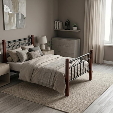 Karnak Nedrah Wooden Steel Bed 90x190cm   Modern Heavy Duty Single Size Bed Frame for Home, Apartment, Student Hostel Bedroom Furniture (Wenge)