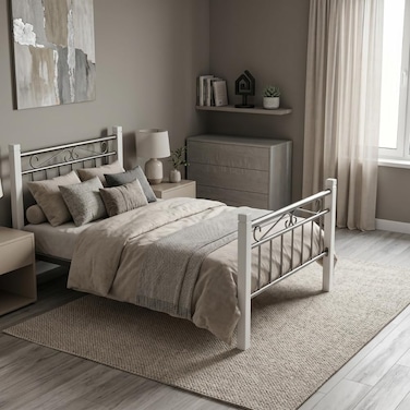 Karnak Nedrah Wooden Steel Bed 90x190cm   Modern Heavy Duty Single Size Bed Frame for Home, Apartment, Student Hostel Bedroom Furniture (Silver &amp; White)