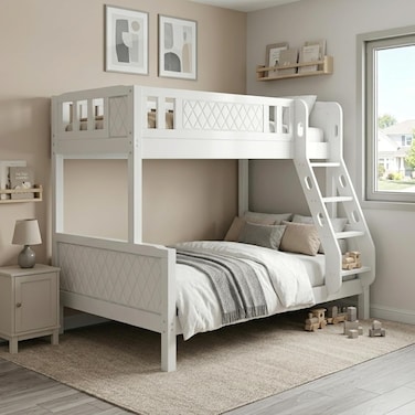 Karnak Modern Noirvex Bunk Bed Solid Wood Frame   Premium Kids Bunk Bed, Twin Loft Bed with Ladder &amp; Guardrail for Home, Apartment Bedroom Furniture (White)