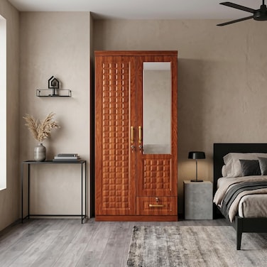 Karnak Braisen Modern 2 Door Wooden Wardrobe Closet   Premium Bedroom Wardrobe with Mirror, Storage Cabinet with Drawers (Cherry)