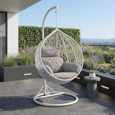 Karnak Samaira Hanging Swing Chair with Stand, Outdoor Hanging Chair, Modern Wicker Egg Chair for Home Garden (White)