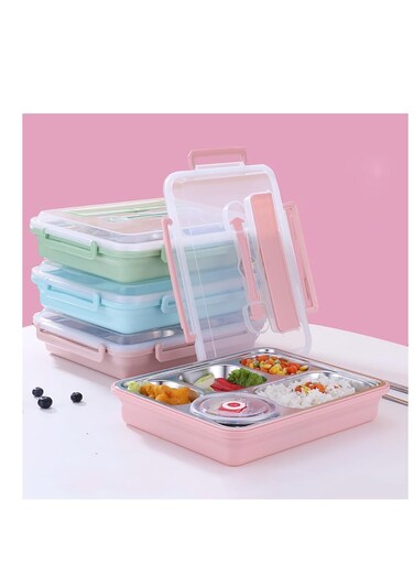 Steel Lunch Box Leakproof Bento Box 5 Compartments Lunch Container with Tableware &amp; Insulation Bag for Kids Adults School and Office Hot Water and Microwave Heating (Pink)