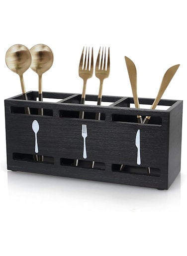 Exrp Wooden Silverware Caddies Flatware Cutlery Holder Wood Silverware Organizer Containers Black Kitchen Utensil Holder for Countertop Spoon and Fork Holder Flatware Utensils Caddy for Party