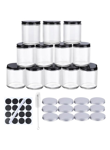 SKYLINK 12Pack 8oz Glass Jars with Black Metal Lids &amp; Silver Aluminum Lids, Clear Round Empty Candle Containers with Airtight Lids for Food, Honey, Candy