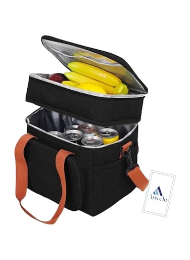 ANVELO Expandable Large Lunch Bags for Men &amp; Women, Leakproof Double Deck Lunch Box Cooler Tote Bag w/Removable Shoulder Strap for Nursing Moms Thermal Lunch Bag Office Cooler Bag (Black- 26x18x28cm)