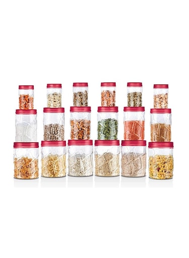Vitro Storage Jar &amp; Canister Set of 18 &acirc;&euro;&ldquo; Food-Grade PET Plastic, 230 ml (6 pcs), 600 ml (6 pcs), 1.18 L (6 pcs), Air-Tight, Stackable, Containers for Grains, Pulses, Spices, Dry Fruits