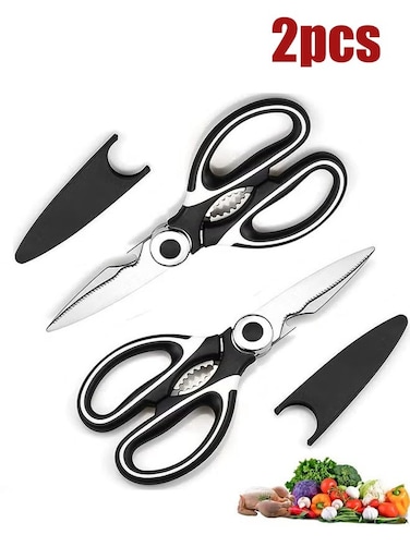 2 PCS Kitchen Scissors, Sharp Heavy Duty Kitchen Scissors, Multi-Purpose Stainless Steel Kitchen Scissors, with Cover Multipurpose Cooking Scissors for Meat Chicken Bone Veg Poultry Fish Black