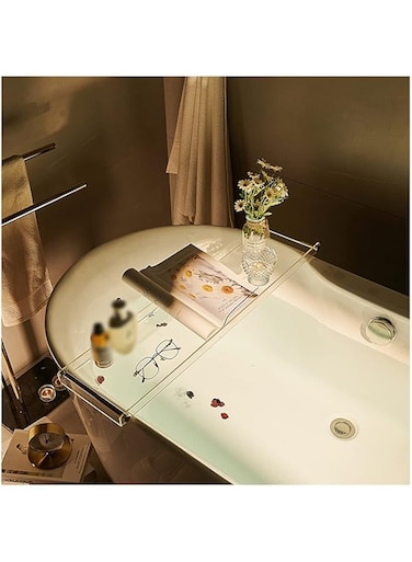 XINGLL Acrylic Bathtub Caddy Tray, Rectangular Decorative Tray Organizer, Clear Acrylic Serving Tray with Handles, Coffee Breakfast Mirror Cosmetic Vanity Storage Countertop