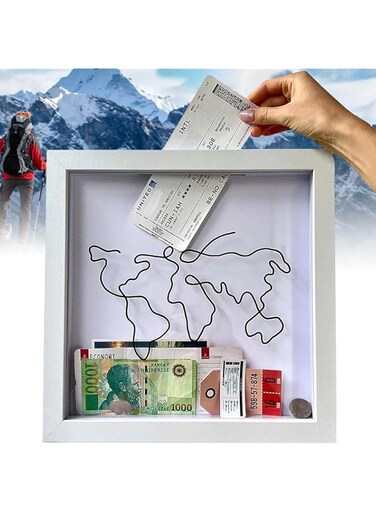 12x12 Inch Adventure Archive Box, Travel Shadow Box, Ticket Shadow Box with Slot, Travel Box for Memories, Box Picture Frame, World Map Memory Boxes for Keepsakes, Photo Theatre Movie Concert Ticket