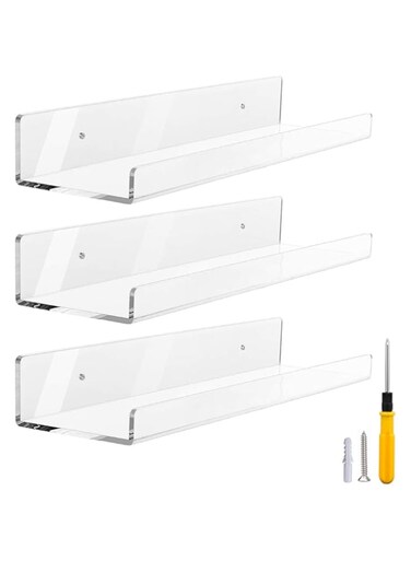 WHATOOK Acrylic Floating Kitchen shelf 15 Inch,Clear Invisible Wall Bookshelves Ledge Bathroom shelf and Small Toy Display Shelf Wall Mounted,5MM Thick,3 PCS