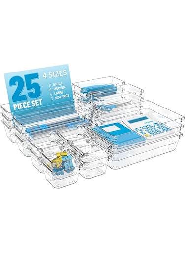Premify 25 Pcs Clear Plastic Drawer Organizers, 4 Size Large Storage Organizer Divider Trays for Kitchen, Bathroom, Makeup, Fridge Organiser, Bedroom, Office, Utensils, Jewelries