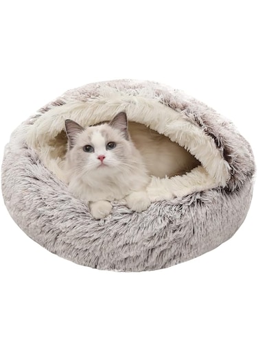 MADDEMCUTE Calming Dog Beds for Small Medium Large Dogs - Round Donut Washable Dog Bed, Anti-Slip Faux Fur Fluffy Donut Cuddler Anxiety Cat Bed (Medium(24"x24"), Coffee)