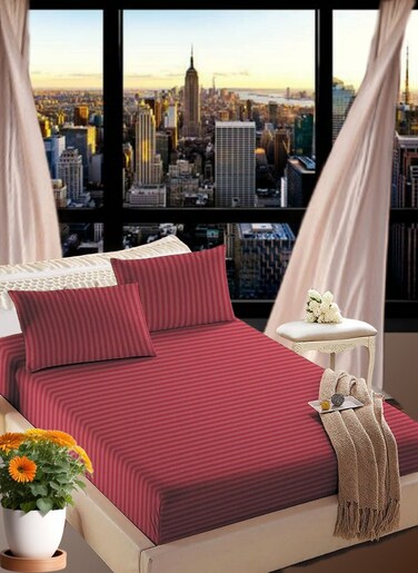 Maroon Striped Design Bed Sheet Set Deep Pocket Machine Washable 180x200+25cm