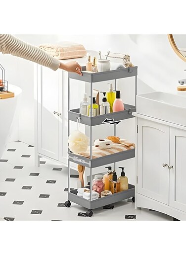 COZY NEST Multi Tier Rolling Trolley Cart Kitchen Storage Organizer with Hooks &amp; Wheels,Mobile Functional Shelves for Bathroom,Office,Laundry room (Gray 4 Tier)