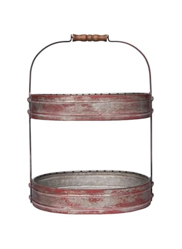 Creative Co-Op DA6876 Red Metal Oval 2 Tier Tray with Handle Distressed Red, 12.25"L x 9"W x 17.5"H