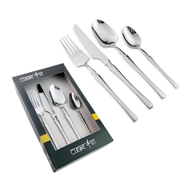 Art Alora 16 Pcs Stainless Steel Cutlery Set, Silver   Polished Flatware Set with 4N Dinner Fork, 4N Knife, 4N Spoon &amp; 4N Tea Spoon, Modern Minimal Design for Home Restaurant &amp; Gifting