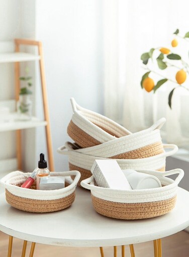 5 Pieces Rectangle Rope Basket, Natural Cotton Rope Storage Baskets, Brown Versatile Decorative Woven Baskets Organizer, for Baby Nursery, Toy Box, Bathroom