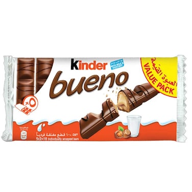 Kinder Bueno Milk Chocolate Bar in Wafer with Hazelnut Cream, Multi Pack of 5, 10 Individually Wrapped Bars, 215g
