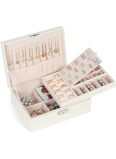 Bolivia's Jewelry Box Organizer for Women Girls, Travel Leather Storage Case, Large PU Leather Storage Box With Two Layers Display, Display Holder for Necklaces Earrings jewelry(White)