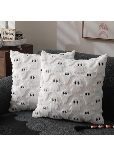 NimbusNote Halloween Pillow Covers, 18x18 inch Set of 2 White Ghost Throw Pillow Cases, Soft Plush Faux Fur Wool Couch Cushion Case, for Chair Sofa Bedroom Living Room Home Decor