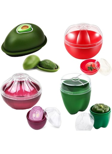 SKEIDO 4 Pieces Silicone Fruit and Vegetable Shaped Savers, Storage Containers for Fridge, Avocado Lemon Tomato and Onion Keeper, BPA Free Food Saver, Holder, Refrigerator Vegetable Crisper