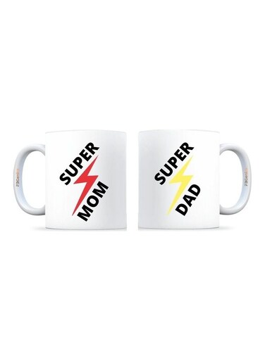 2-Piece Super Mom And Dad Printed Mug Set White/Black/Red
