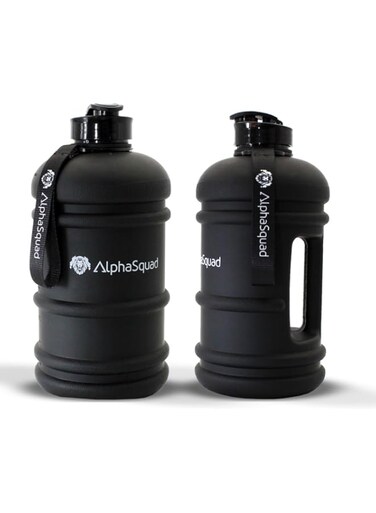 AlphaSquad 2.2L Half Gallon Sports Water Bottle with Handle, 74oz / 2.2 Liter Black Large Sports Water Jug, BPA Free Leak Proof Bottles for Gym Yoga Camping Outdoor Travel