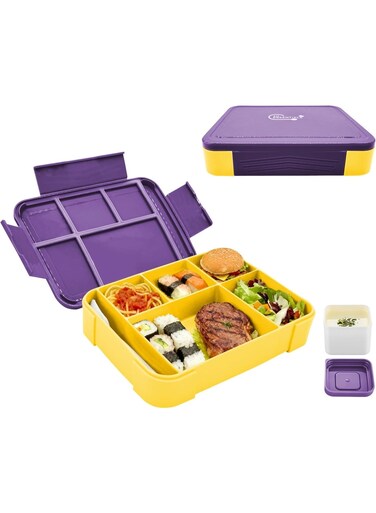 Essentials Premium Leak Proof Bento Lunch Box with 6 Compartments &acirc;&euro;&ldquo; BPA Free, Microwave Safe lunch box for Adults &amp; Kids daily use for School, Office and Travel (Purple)