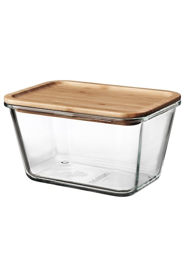 container with lid, rectangular glass/bamboo, 1.8 l