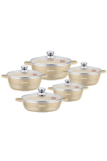 10-Piece Granite Coating Non-Stick Cookware Set Includes 1 x 20cm, 24cm, 28cm, 32c, casserole with lids, 28cm shallow casserole with lid Beige