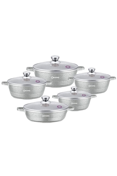 10-Piece Granite Coating Non-Stick Cookware Set Includes 1 x 20cm, 24cm, 28cm, 32c, casserole with lids, 28cm shallow casserole with lid Grey