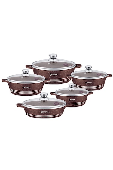 10-Piece Granite Coating Non-Stick Cookware Set Includes 1 x 20cm, 24cm, 28cm, 32c, casserole with lids, 28cm shallow casserole with lid brown