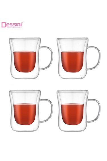 Dessini 250ml double wall glass tea cup with handle 4-pieces KD570