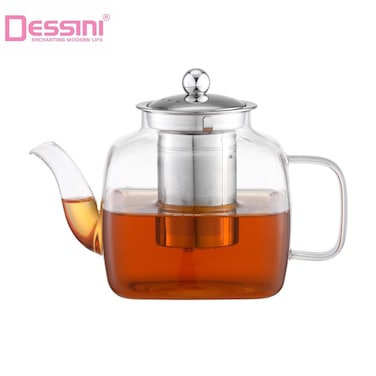 Dessini 1000ml Glass Heat Resistant Teapot , Borosilicate Tea Kettle with Removable Infuser Strainer for Microwavable and Stovetop KD540
