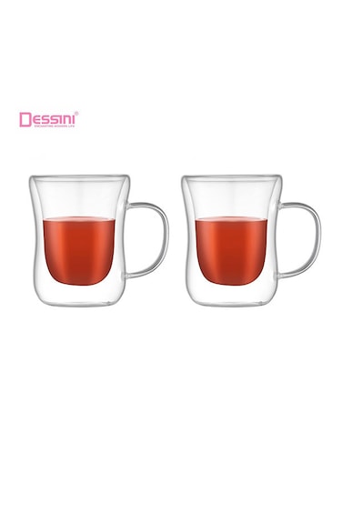 Dessini 2 pieces Double Wall Insulated Glass Mugs with Handle for Drinkware Coffee Tea Heat Resistant 250ml KD570