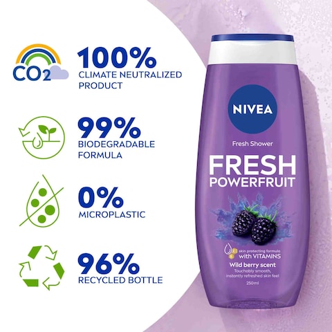 NIVEA Shower Gel Body Wash Fresh Powerfruit Antioxidants Blueberry Scent 250ml