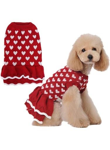 Dog sweater dress vest suitable for women and girls, warm dog pullover knitted clothing for winter, pet sweater, red dog princess knitted sweater dress (Red, M)
