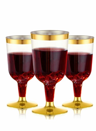 Plastic Champagne Flutes 10 Pack Glasses with Gold Rim 6 Oz Drink Glasses with Stem Disposable Water Cups Reusable Suitable for Party Weeding Birthday