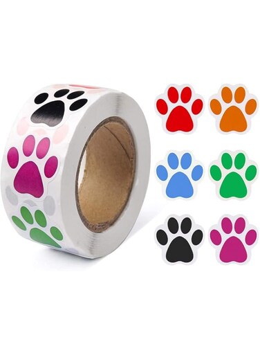 DELFINO Paw Prints Stickers, 1 Inch/ 500 Stickers Colorful Self-Adhesive Labels Animal Shape Wall Decal, Paw Stickers Roll for Kids, Parties, Vets, Kennels and Mailing