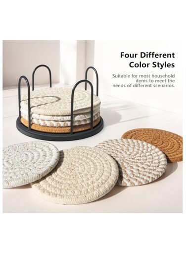 Set of 8 for Drinks, Beer, Coffee, Cotton Woven 4 Colors Absorbent Coaster with Holder