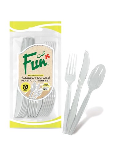 Fun Heavy-Duty Transparent Cutlery Set Spoons Knives Forks set Disposable Cutlery Set Plastic Cutlery Disposable Spoons Disposable Fork Plastic Spoon Heavy Duty Plastic Utensils (Pack of 18)