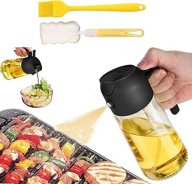 Oil Spray Bottle for Kitchen, Oil Sprayer for Air Fryer, Olive Dispenser with 2 Cleaning Brush, 2 in 1 Premium Glass Canola Oil Mister Bottles for Salad, BBQ, Cooking Appliances, (16oz/470ml) (Black)