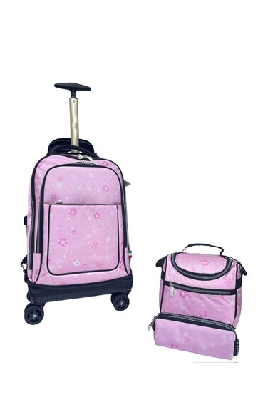 Kids Rolling School Backpack Set, 3-Piece with Lunch Bag and Pencil Case, Spinner Wheels.(Pink Design Print)