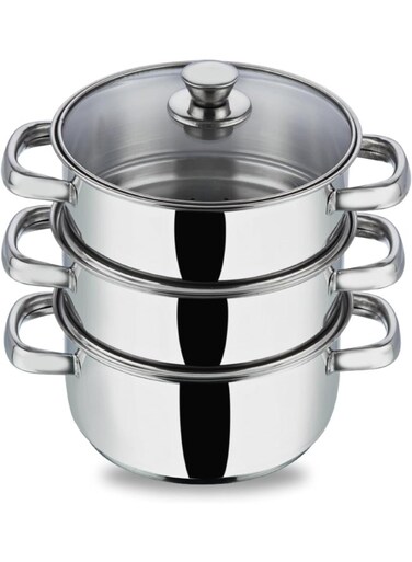 Stainless Steel 3-Tier Steamer with Glass Lid, 20 cm   2.5mm Thick Base   Multi-Purpose Steaming   Induction &amp; Gas Stove Compatible   Silver Silver 20cm