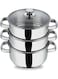 Stainless Steel 3-Tier Steamer with Glass Lid, 20 cm   2.5mm Thick Base   Multi-Purpose Steaming   Induction &amp; Gas Stove Compatible   Silver Silver 20cm