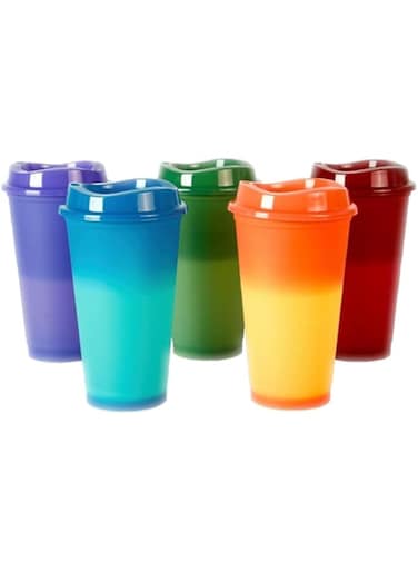 KASTWAVE Reusable Color Changing Coffee Cups, 5 Pcs 16 oz/473 ml Plastic Cups with Lids, Quality &amp; Splash-Proof Water Travel Cup for Coffee Mug with Lid to Go Coffee Cups for Hot and Cold Drinks